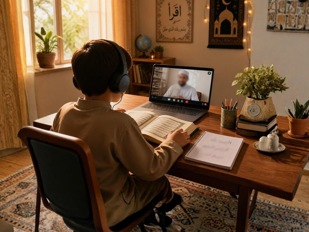 Child reading Quran with headphones on a video call with a teacher